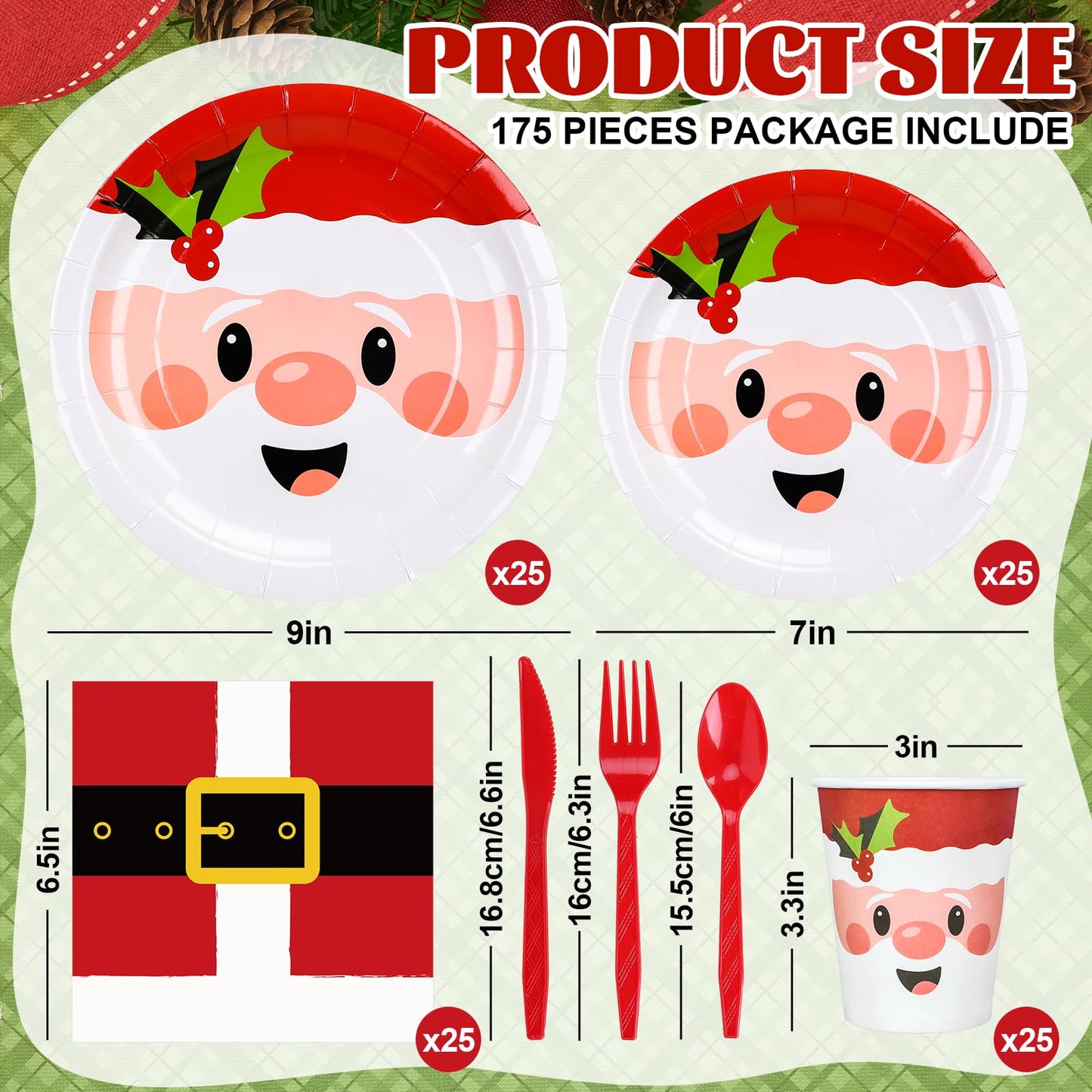 Whaline 175Pcs Christmas Party Tableware Set 7 and 9 Inch Santa Claus Paper Plates 6.5 Inch Santa Belts Napkins Cute Xmas Disposable Cups and Red Fork Spoon Knife Kit for Xmas Holiday Dinner Supplies