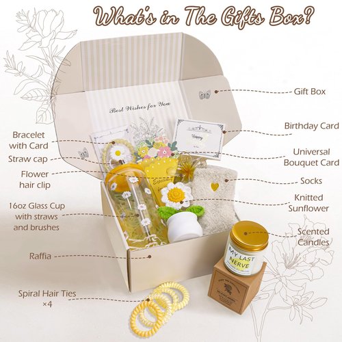 Happy Birthday Gifts for Teen Girls Women, Unique Mothers Day Gifts for Mom, Gift Baskets for Her Self Care Thank You Get Well Present Set, 14pcs Cute Daisy Box for Friend Sister Coworker(Yellow)