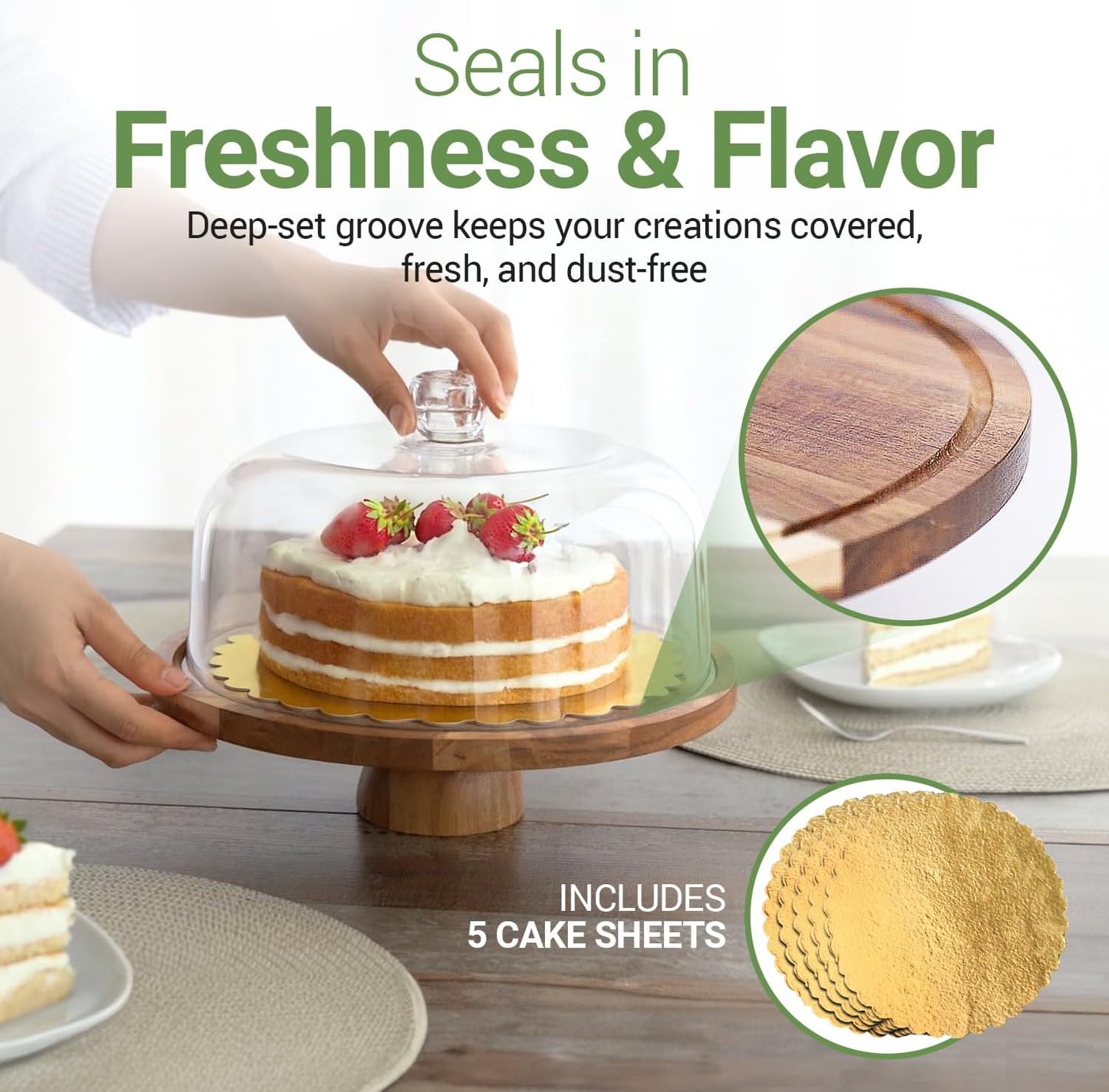Linda’s Essentials Acacia Wood Cake Stand - 12-Inch Round Holder with Lid & Bonus Cake Sheets | Versatile Dome & Charcuterie Board