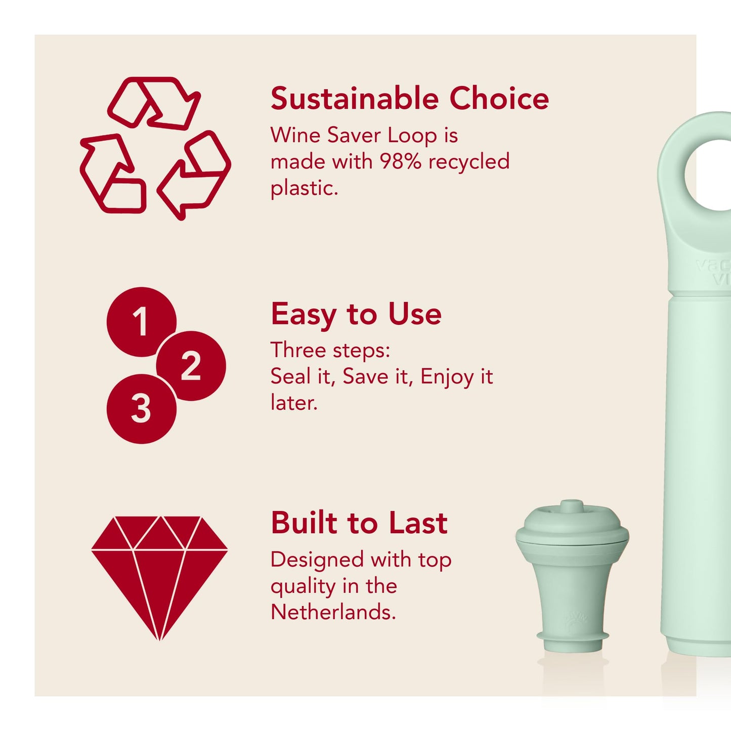 Vacu Vin Wine Saver Loop – Made in the Netherlands – Premium Vacuum Pump with Stopper – Airtight Seal Keeps Wine Fresh up to 10 Days – Stylish & Long-Lasting – Jade