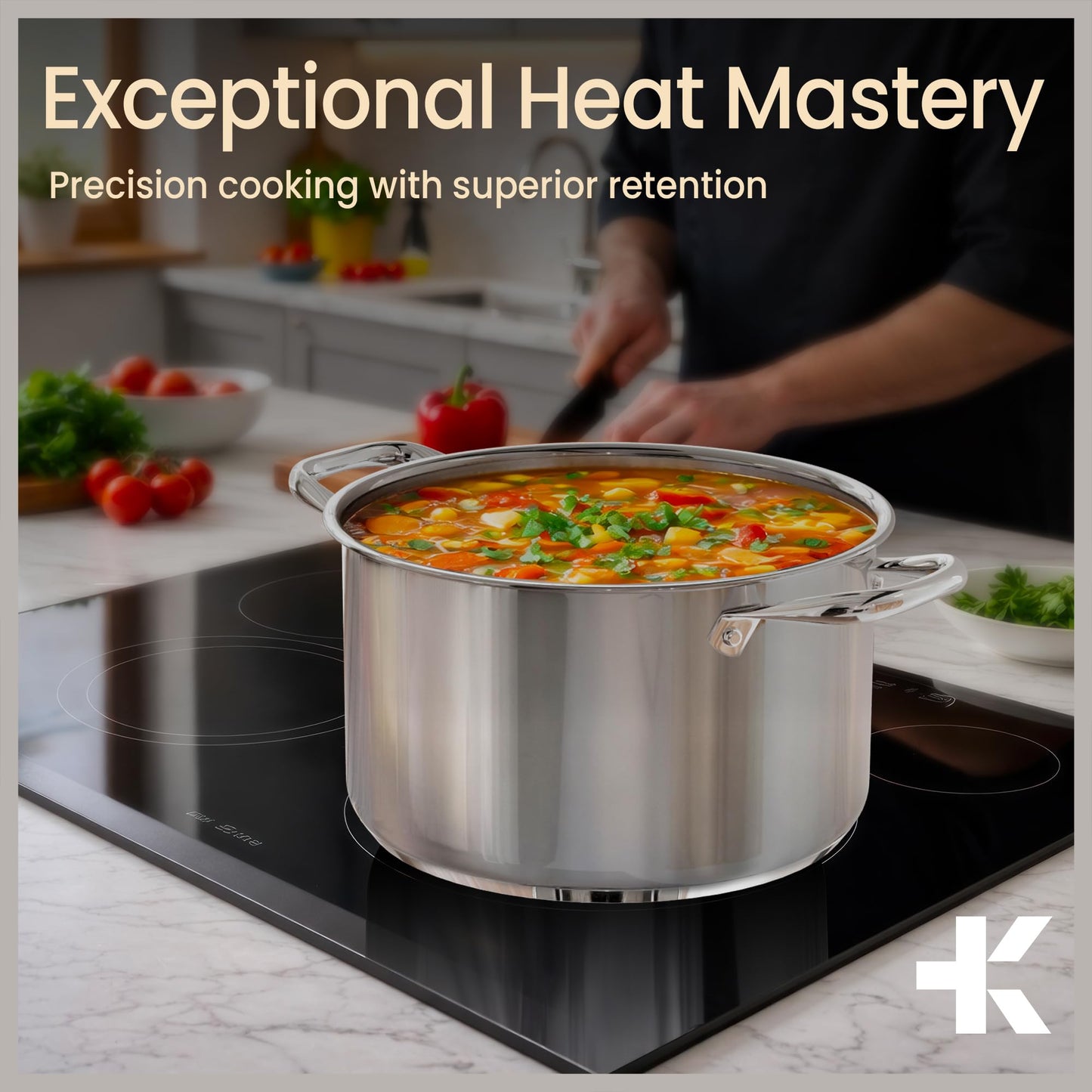 Stainless Steel Stockpot with Tempered Glass Lid 5 Quart, Durable 18/0 Stainless Steel, Impact-Bonded Base for Even Heating, Riveted Handles, Oven & All Stove Compatible, Safe Up To 500°F (260°C)