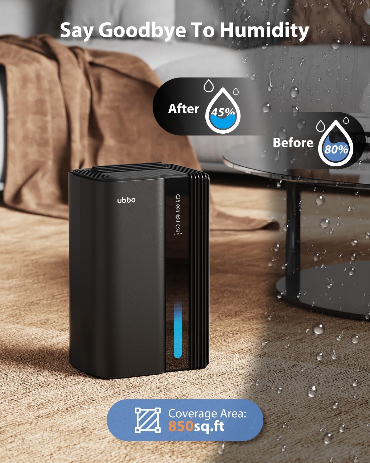 UBBO 95oz Dehumidifier for Home | 1000 Sq.Ft Capacity, Auto Shut Off & 7 Color Light - Black