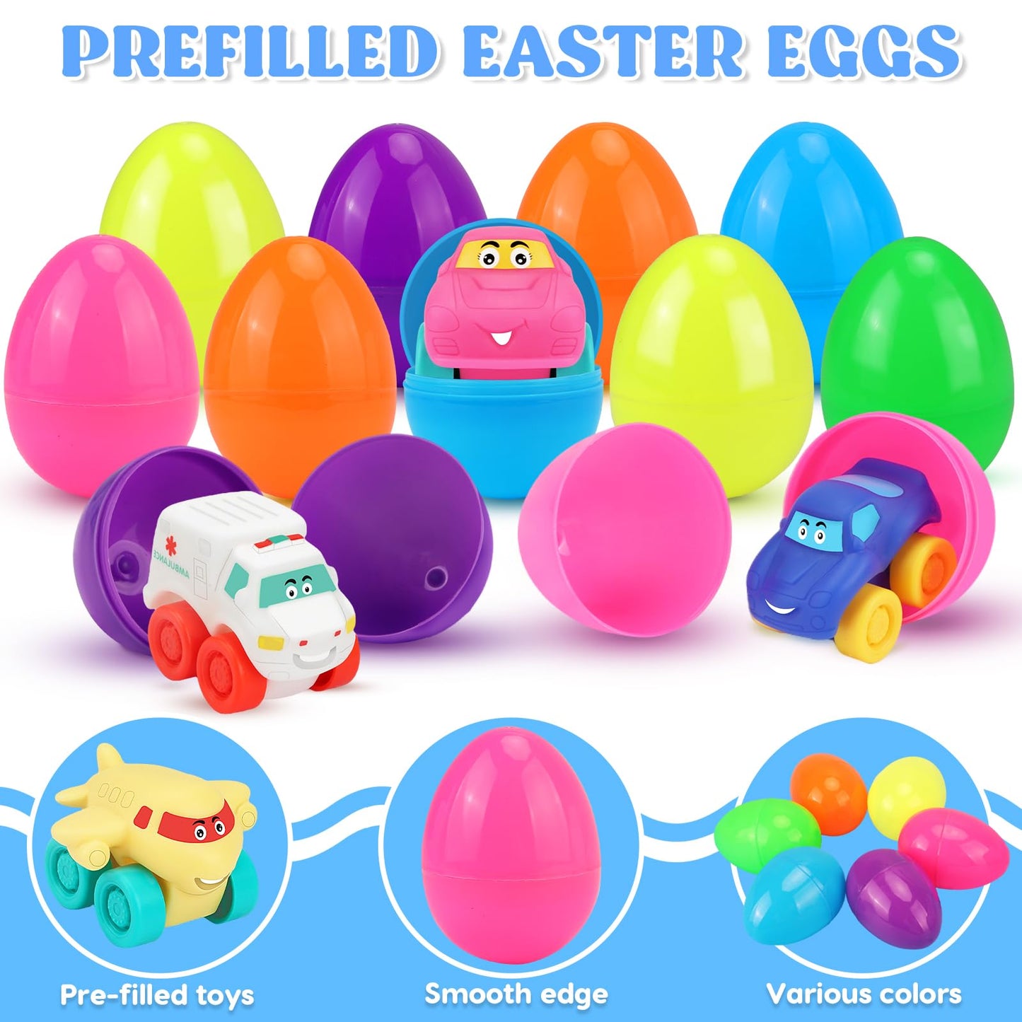 Prefilled Easter Eggs with Toy Cars: 12Pcs Filled Easter Eggs with Soft Rubber Car Toys, Easter Basket Stuffers for Baby Toddlers Kids Bath Toys Vehicles, Easter Eggs Fillers Hunts Party Favors Gifts