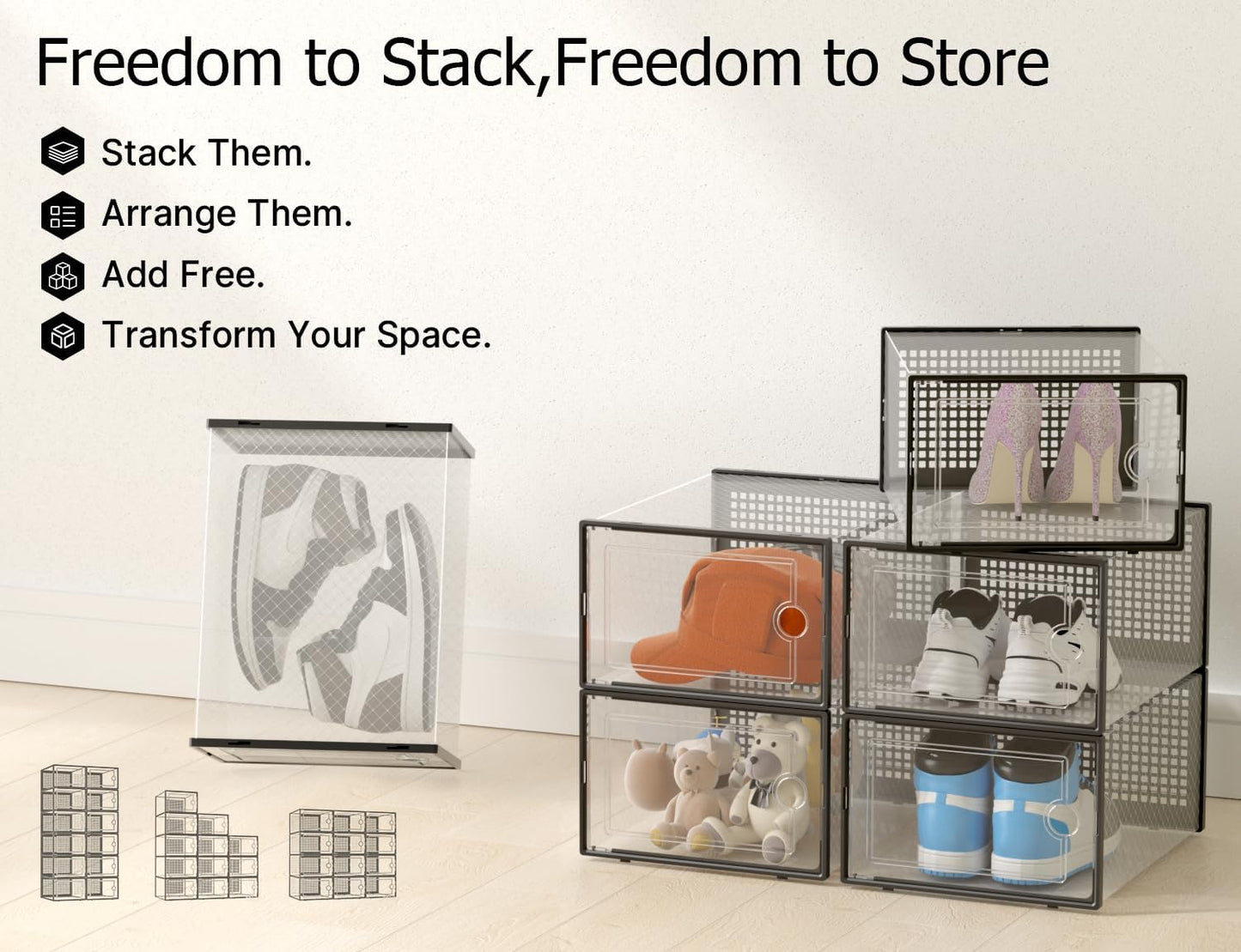 Kuject Shoe Storage Boxes - Clear Plastic Organizers, Stackable 12 Pack for Sneakers & Toys | XXX-Large, Black