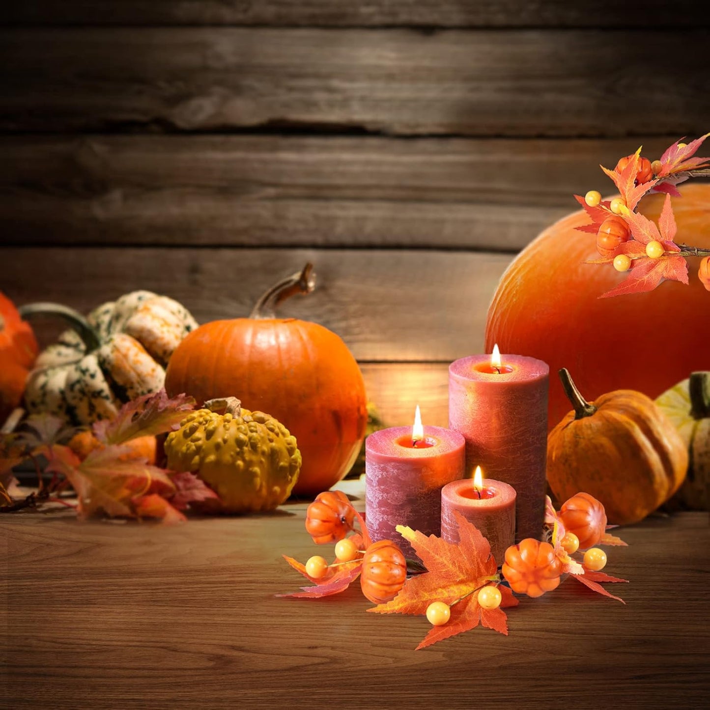 Skiennix Fall Candle Rings - Artificial Pumpkin & Maple Leaf Wreaths for Autumn Decor | 3.1" ID / 7" OD