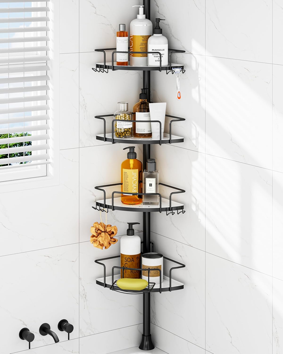 ALLZONE Corner Shower Caddy - Rustproof Tension Pole with 4 Adjustable Baskets & Extra Hooks | Fits 34–116 Inch, Black/White