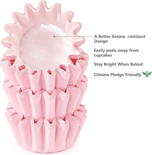 Caperci Pink Mini Cupcake Liners - 200 Count Heavy-Duty Grease-Resistant Baking Cups | Odorless & Easy Peel