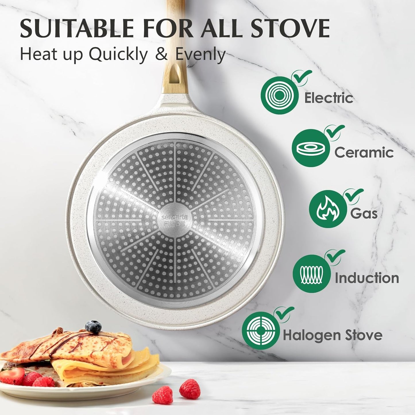 SENSARTE Nonstick Crepe Pan - 10-Inch Natural Ceramic Coating | Induction Compatible Dosa Skillet with Stay-Cool Handle