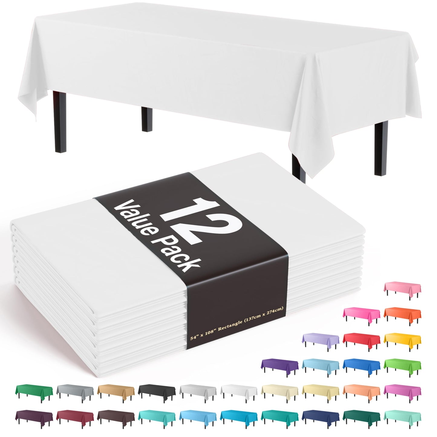 Exquisite 12-Pack Plastic Tablecloth 54x108 Rectangle Value Pack Plastic Table Cover - White