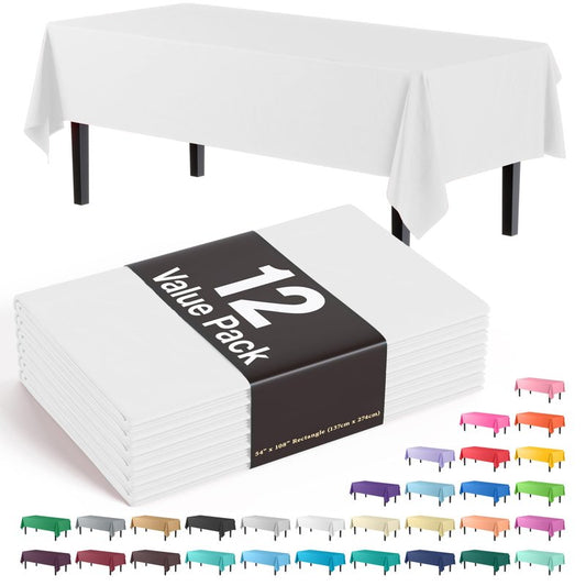 Exquisite 12-Pack Plastic Tablecloth 54x108 Rectangle Value Pack Plastic Table Cover - White