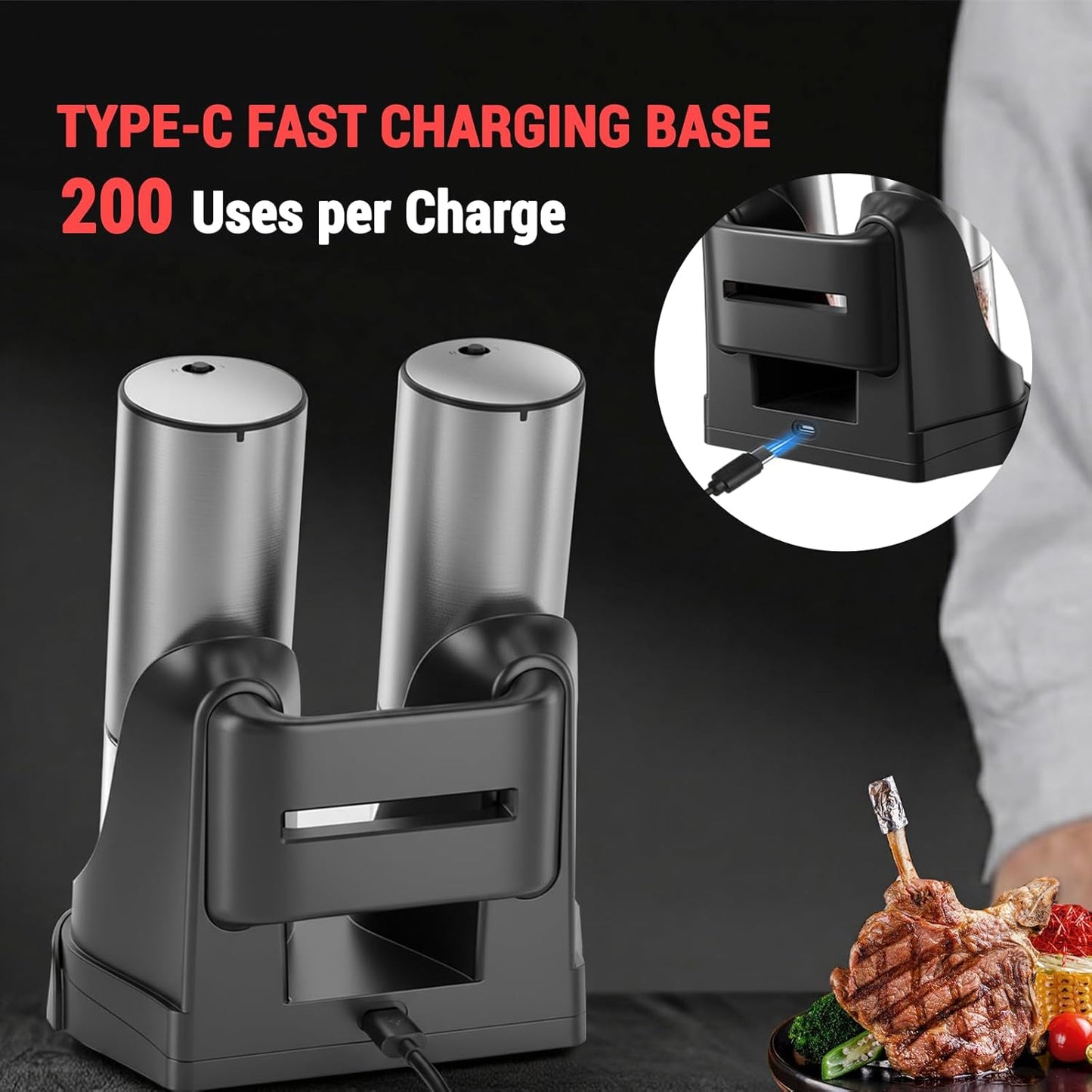 Skiennix Electric Salt and Pepper Grinder Set - USB Charging Base, 95ml Capacity, Adjustable Coarseness