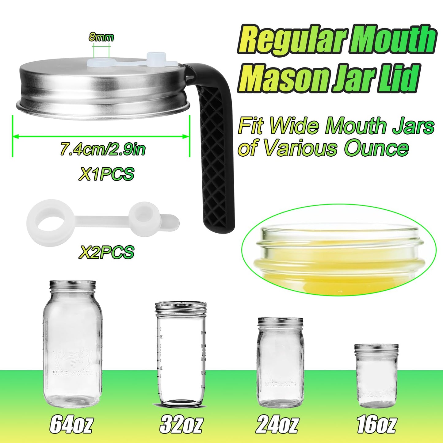 Palksky Mason Jar Lids with Straw Hole & Handle for Regular Mouth Jars, Leak-Resistant Drinking Lids with Extra Silicone Rings, Mason Jar Straw Lids for Iced Coffee, Lemonade, Juice (1 Pack)