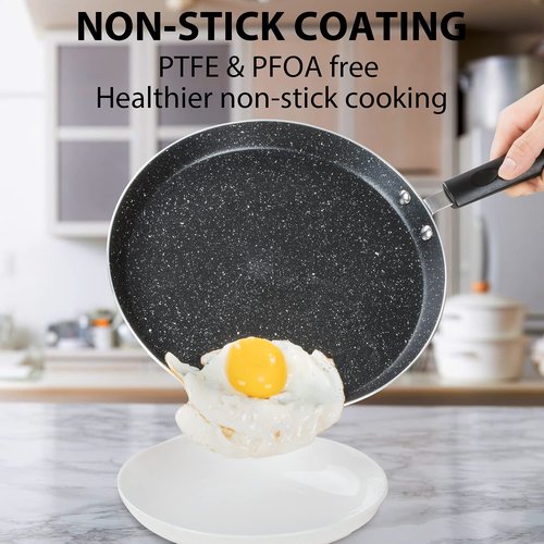 BUECMUE 10.5 Inch Nonstick Crepe Pan with Spreader Induction Compatible, for Egg Omelet and Flat Pancake Frying Pan, PFOA & PTFEs Free (Black)