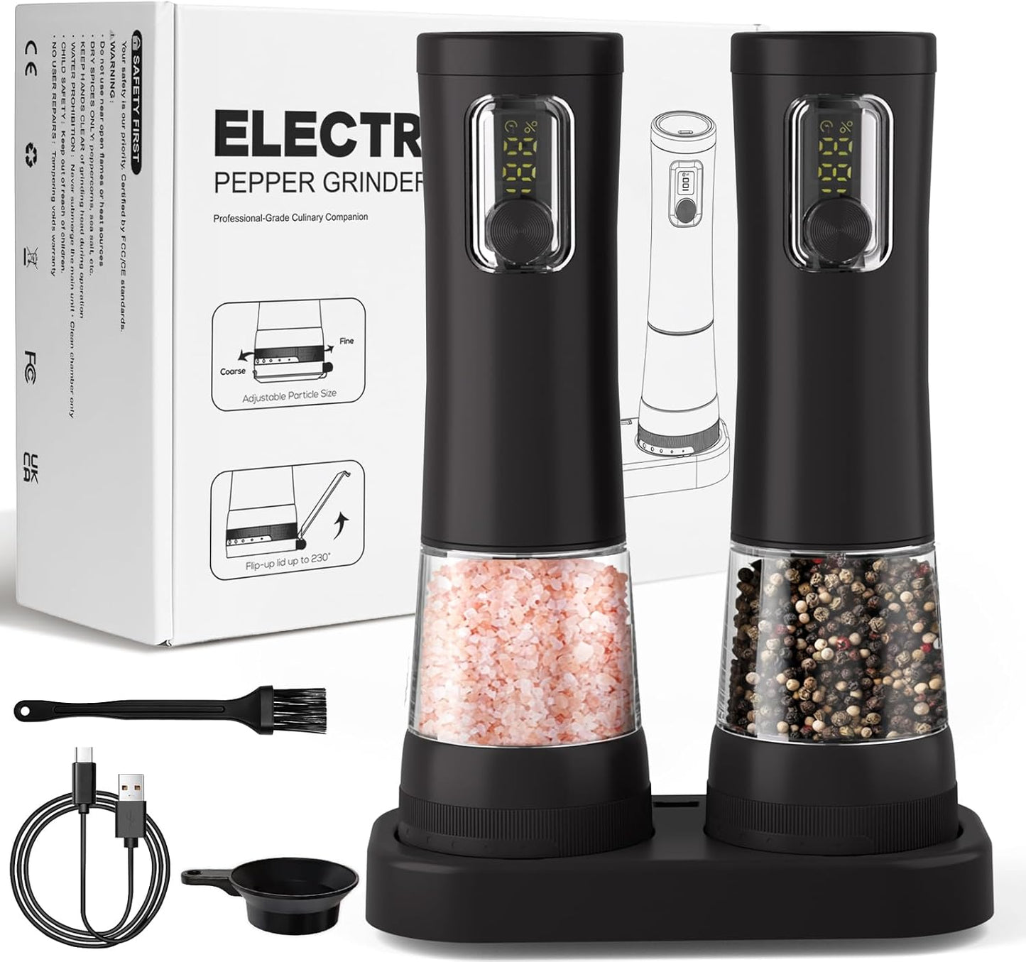 Skiennix Electric Salt and Pepper Grinder Set - Rechargeable Automatic Mill with LED Display & Adjustable Coarseness | 2-Pack, Black