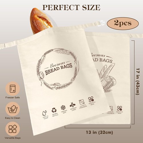Aofmee Beeswax Bread Bags - XL Reusable Sourdough Bags for Fresh Homemade Bread | 2 Pack Natural Cotton
