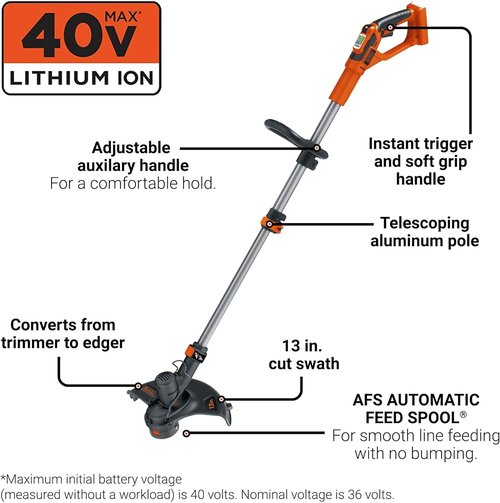 BLACK+DECKER 40V MAX String Trimmer Edger - Cordless 2-in-1 Weed Wacker with Adjustable Pole, Battery & Charger Included