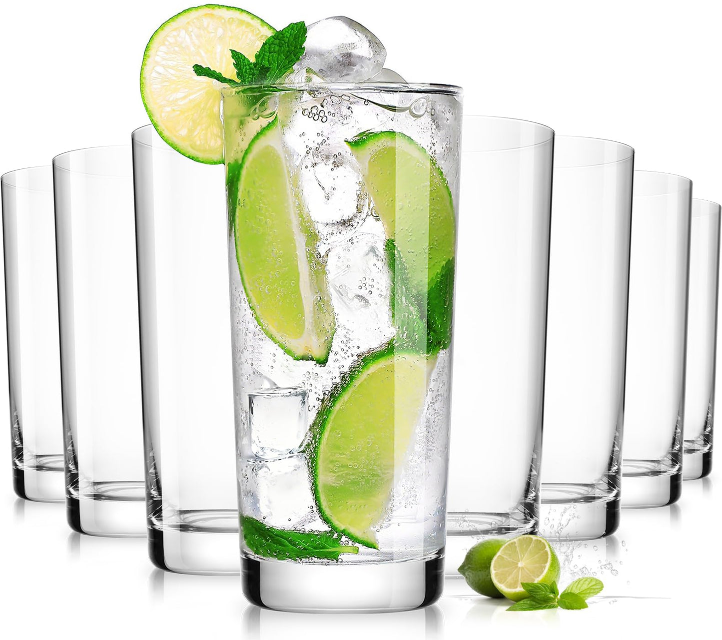 LUNA & MANTHA Drinking Highball Glasses Set of 8, Water Glasses 15.5 oz, Wide Mouth Design Lead-Free Crystal Glassware, Tall Glass Cups for Cocktail Parties, Family Dinners, Friends' Gatherings