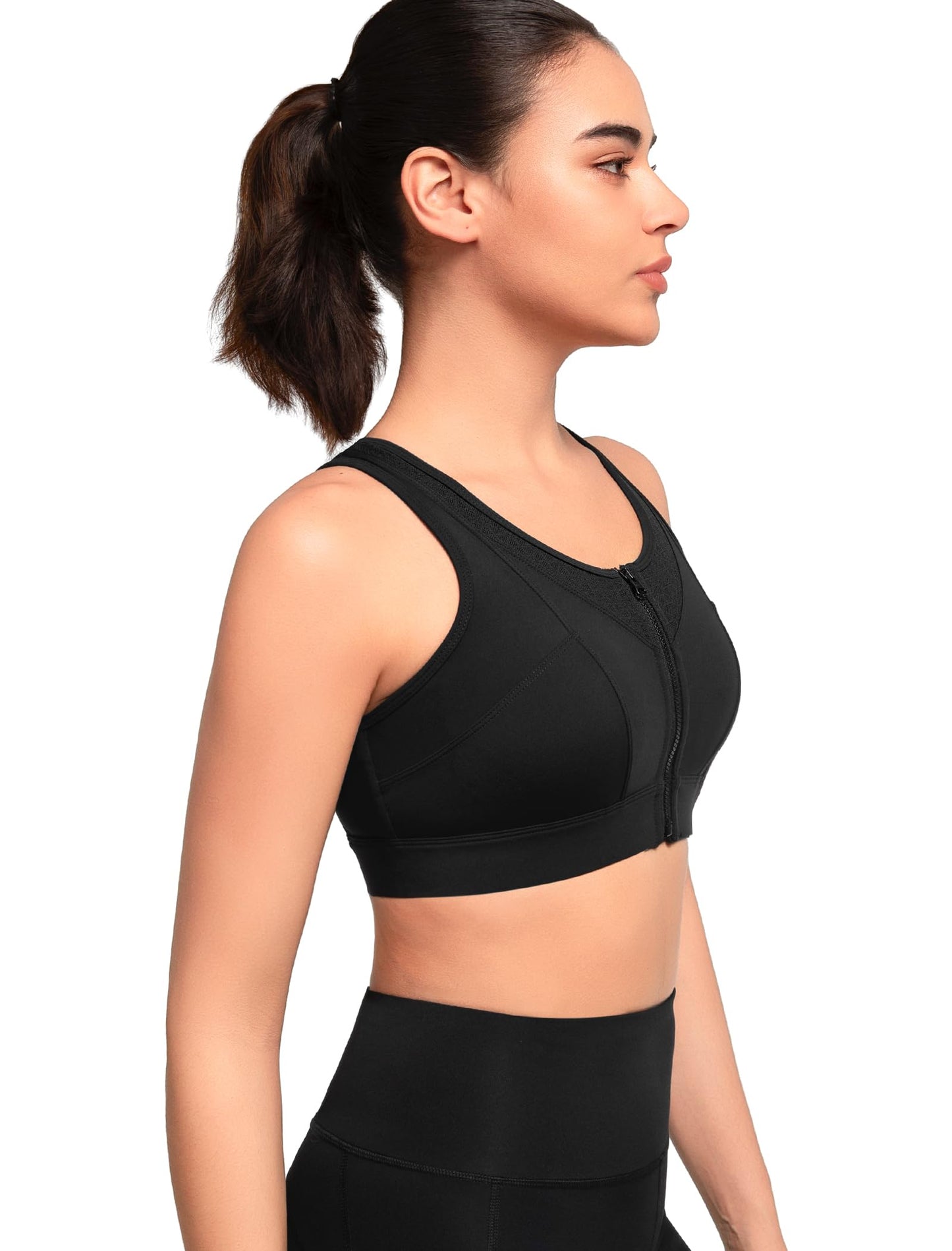 Yvette High Impact Sports Bras for Women Front Zip Supportive Running Bras for Large Bust Plus Size, Black, M