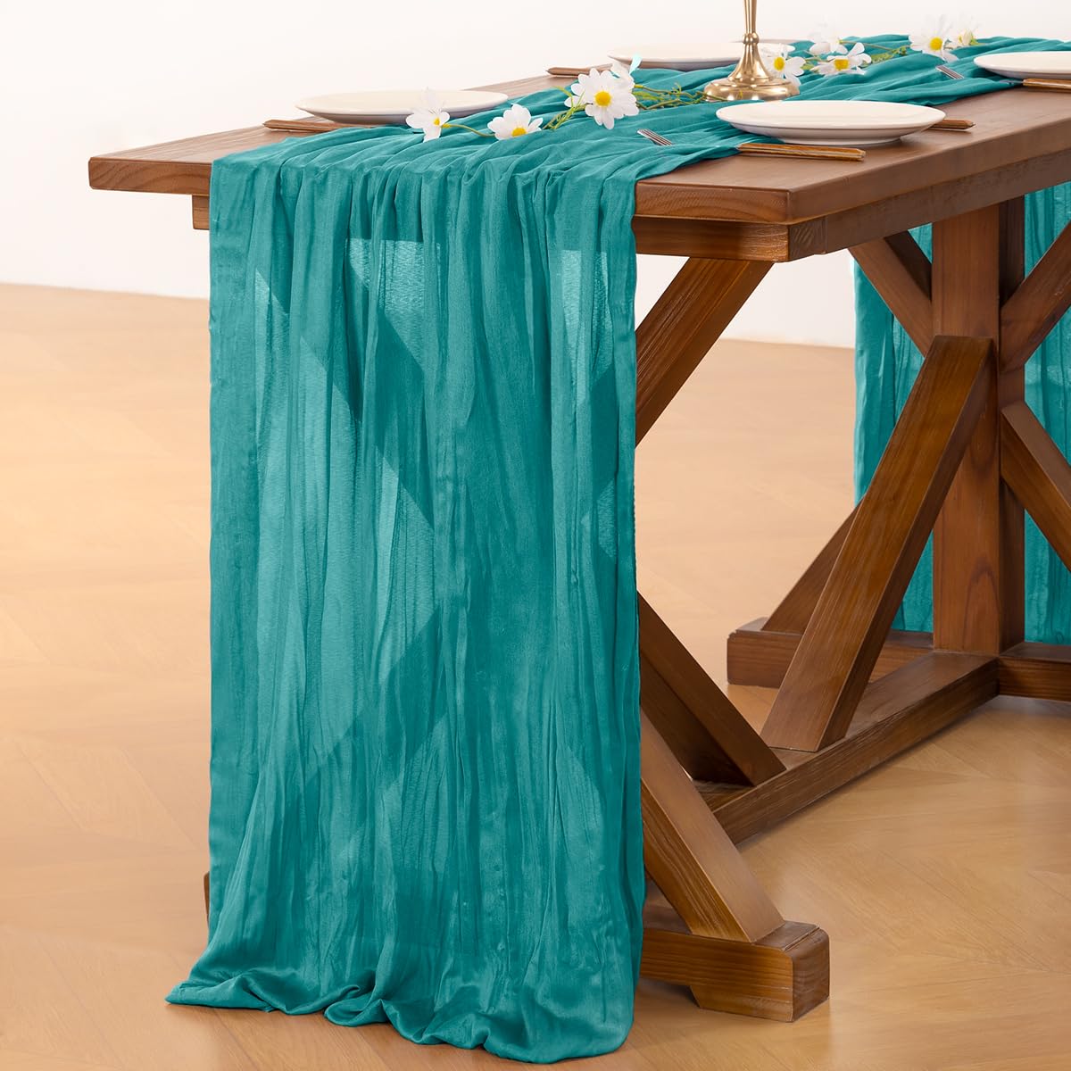 Socomi Teal Blue Easter Spring Cheesecloth Table Runner Boho Rustic Gauze 120 inch 10FT Cheese Cloth Runner for Wedding Party Baby Shower Birthday Home Decor