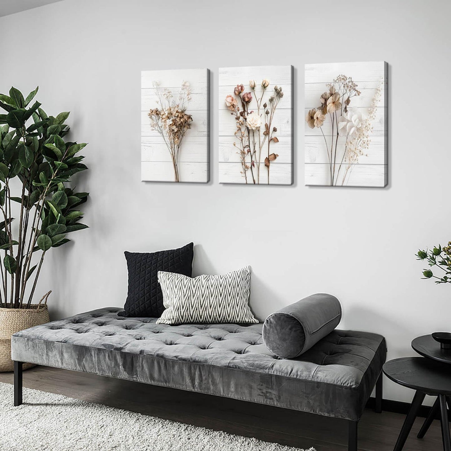 Modern Farmhouse Wall Decor Dried Wildflower Neutral Canvas Print Still Life Wall Art for Bedroom Aesthetic Rustic Floral Wall Art for Living Room Wall Decoration Stretched Set of 3 Pieces 16x24inches