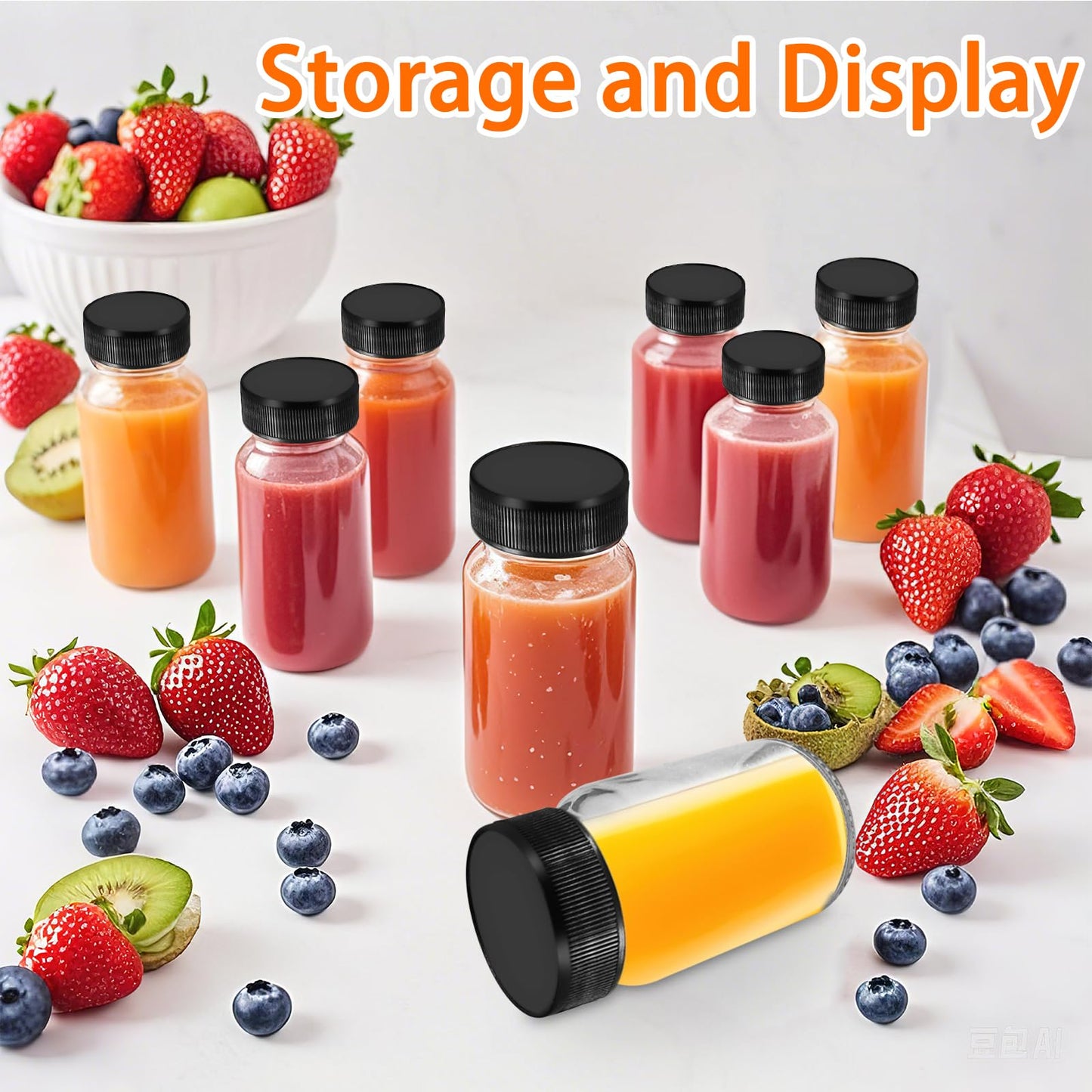 SAIAOKJ 9 Pack Glass Bottles with Lids - 2 oz Wide Mouth Leakproof Reusable Juice Travel Bottles with Labels for Ginger Shot, Turmeric Juice, Whiskey & Camping