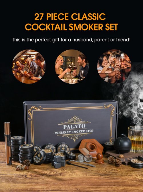 27Pcs Whiskey Smoker Kit- 16 Wood Chips,Ice Ball Molds, Cocktail Smoker Infuser Kit, Old Fashioned Drink Smoker Kit, Birthday Bourbon Whiskey Gifts for Husband,Men,Dad(No Butane)
