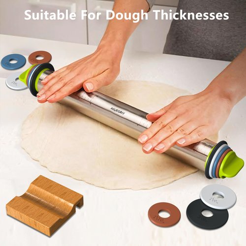 Aguegro Stainless Steel Rolling Pin with Thickness Rings and Wooden Stand Dough Thickness for Baking, Fondant, Pizza, Pie Crust, Cookies, Pastries, 13.6" Rolling Pin with 4 Multi-Color Thickness Rings