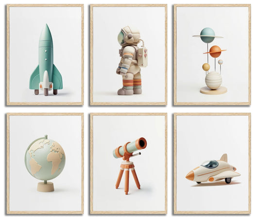 6pcs Nursery Astronaut Canvas Wall Art Boys Room Space Wall Decor Pictures Rocket Spaceman Earth Posters Prints for Classroom Toddler Boys Room Playroom Decoration Unframed