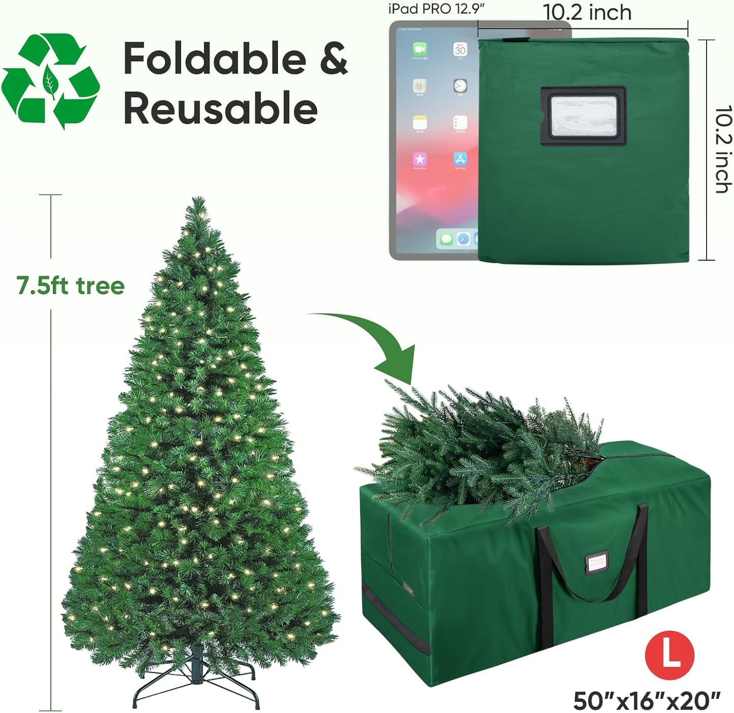 BALEINE Christmas Tree Storage Bag - Heavy Duty 900D Oxford Fabric, Extra Large with Dual Zippers & Reinforced Handles | Green