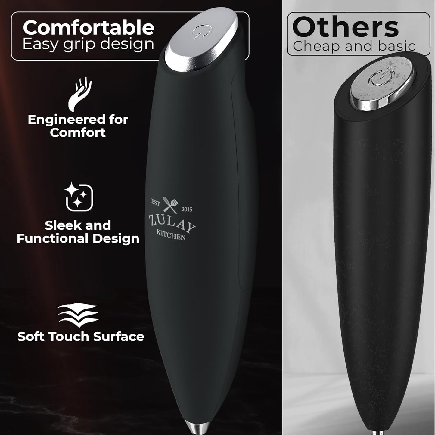 Zulay Kitchen Tornado Triple Whisk Milk Frother - Handheld Foam Maker for Coffee & Lattes - Onyx Gray