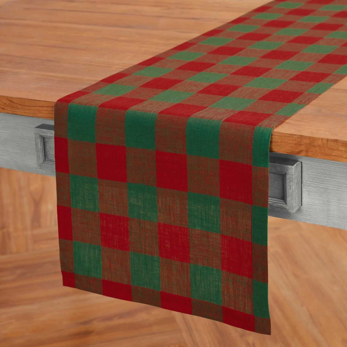 Solino Home Linen Checkered Table Runner 108 Inches Long - 100% Pure Linen Red and Green Buffalo Check Table Runner 14 x 108 Inch Ideal for Dining