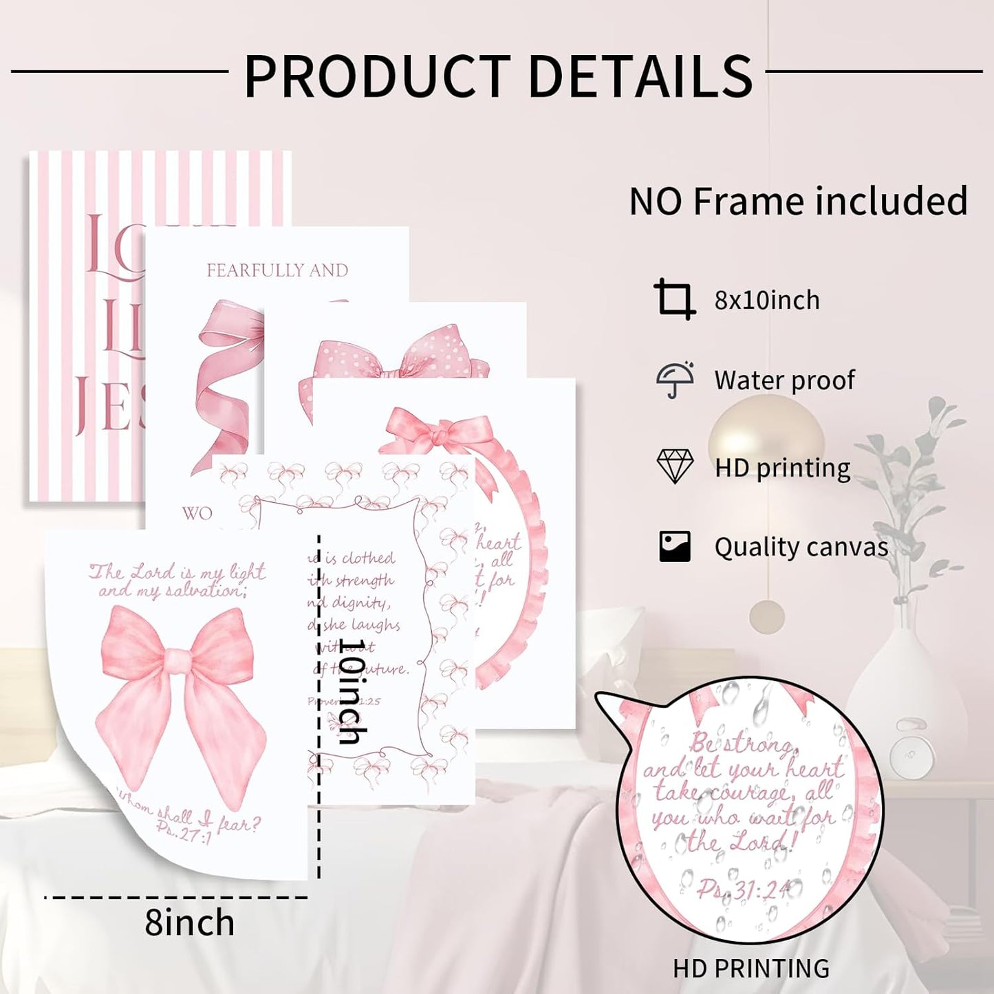 Skiennix 3-Piece Pink Bows Wall Art - Cute Bible Verse Prints for Girls' Rooms | 8x10 Inch Decor