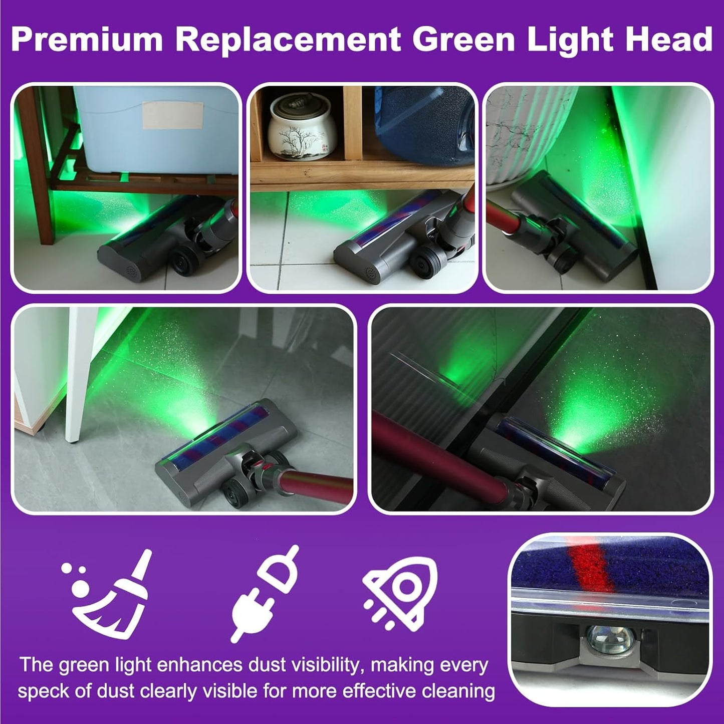 Lemige LED Green Light Head for Dyson V7 V8 V10 V11 V15 | Quick Release, Anti-Tangle Soft Brush Roller for All Floors