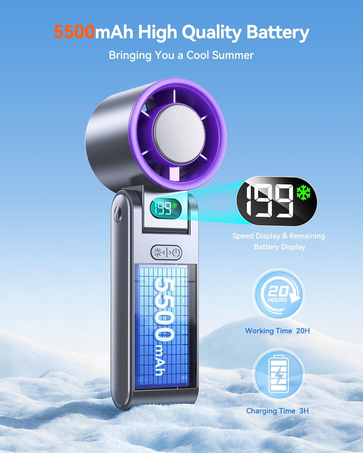 Skiennix Portable Handheld Turbo Fan - 199 Speed Personal Cooling Fan | 20H Rechargeable Battery, Grey Purple