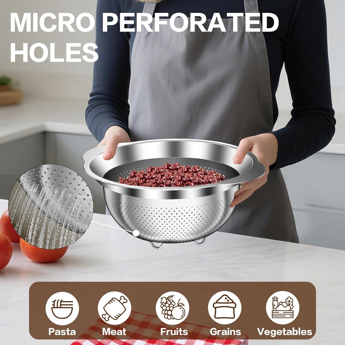 Skiennix Stainless Steel Colander Set - 3-Piece Strainer for Pasta & Fruits | Dishwasher Safe (2QT, 3QT, 5QT)