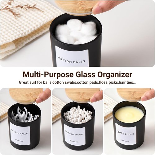 Glass Qtip Holder Set by [Brand Name] - Stylish Bathroom Organizer with Lid for Cotton Swabs & Makeup Essentials | Black