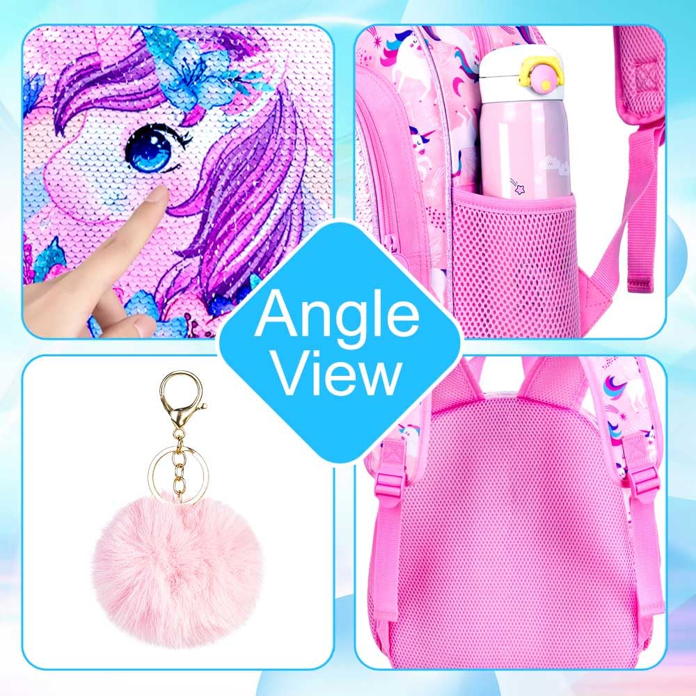 KLFVB Toddler Backpack for Girls, Cute Unicorn Bookbag for Little Kids, 12” Sequin Kindergarten Preschool Schoolbag