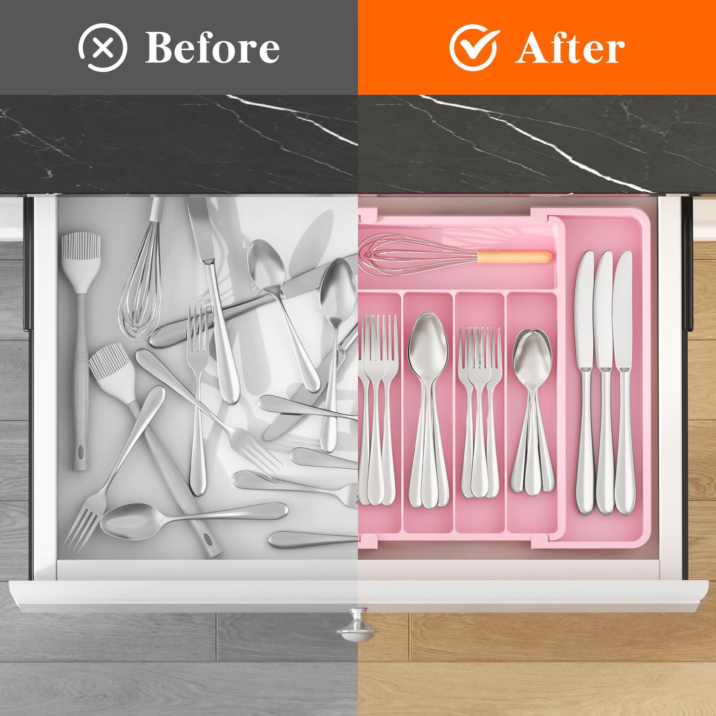 Lifewit Silverware Drawer Organizer, Expandable Utensil Tray for Kitchen, BPA Free Flatware and Cutlery Holder, Adjustable Plastic Storage for Spoons Forks Knives, 8.5"-14.1" x 12.1", Pink