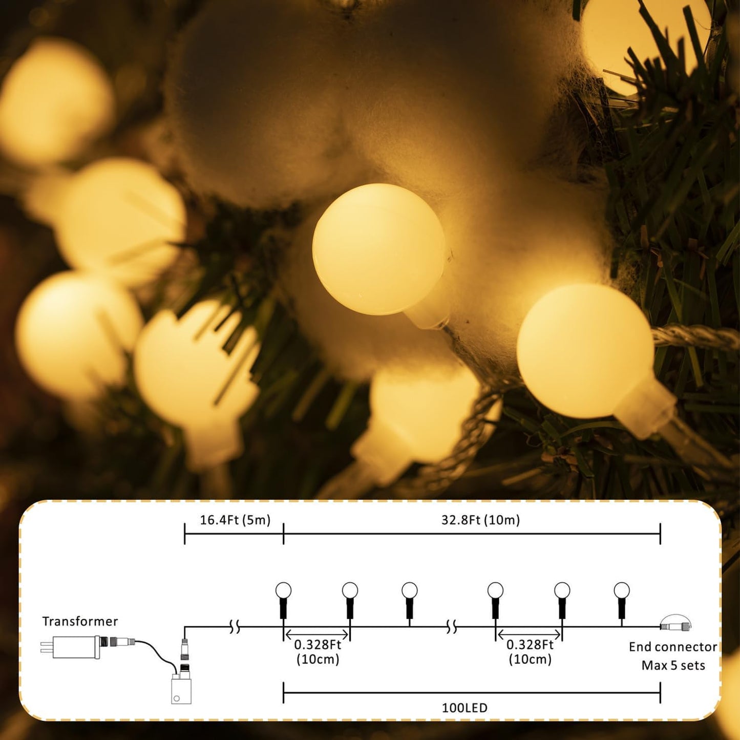 Ogrmar 100 LED Globe Ball String Lights - 49 Ft Fairy Lights with Remote & Timer for Indoor/Outdoor Decor | Warm White