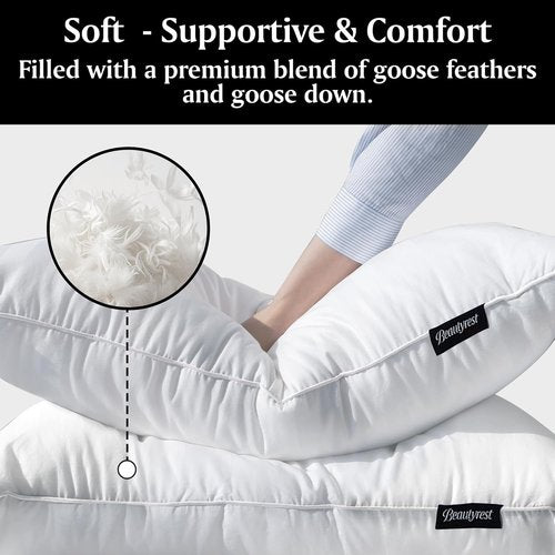 Beautyrest Luxury Goose Feather Pillows - Soft & Supportive 500 Thread Count | Queen 20”x28” (Pack of 2)
