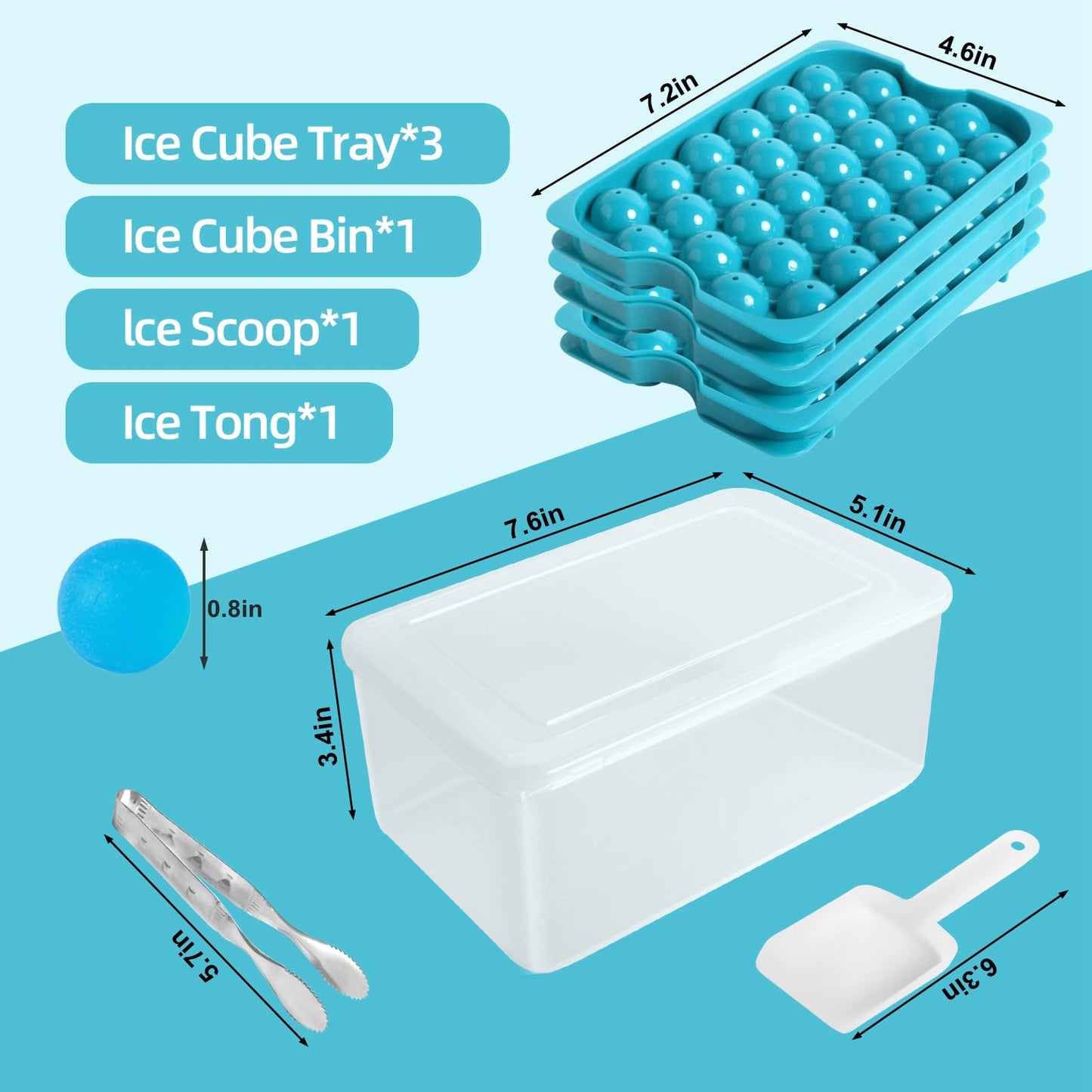 Bangp Ice Cube Tray with Lid and Bin,3 Pack Round Ice Trays for Freezer with Lid,96PCS 0.8" Ice Balls for Chilling Drinks Coffee Juice,Ice Cube Trays for Freezer with Ice Container,Ice Scoop & Tongs