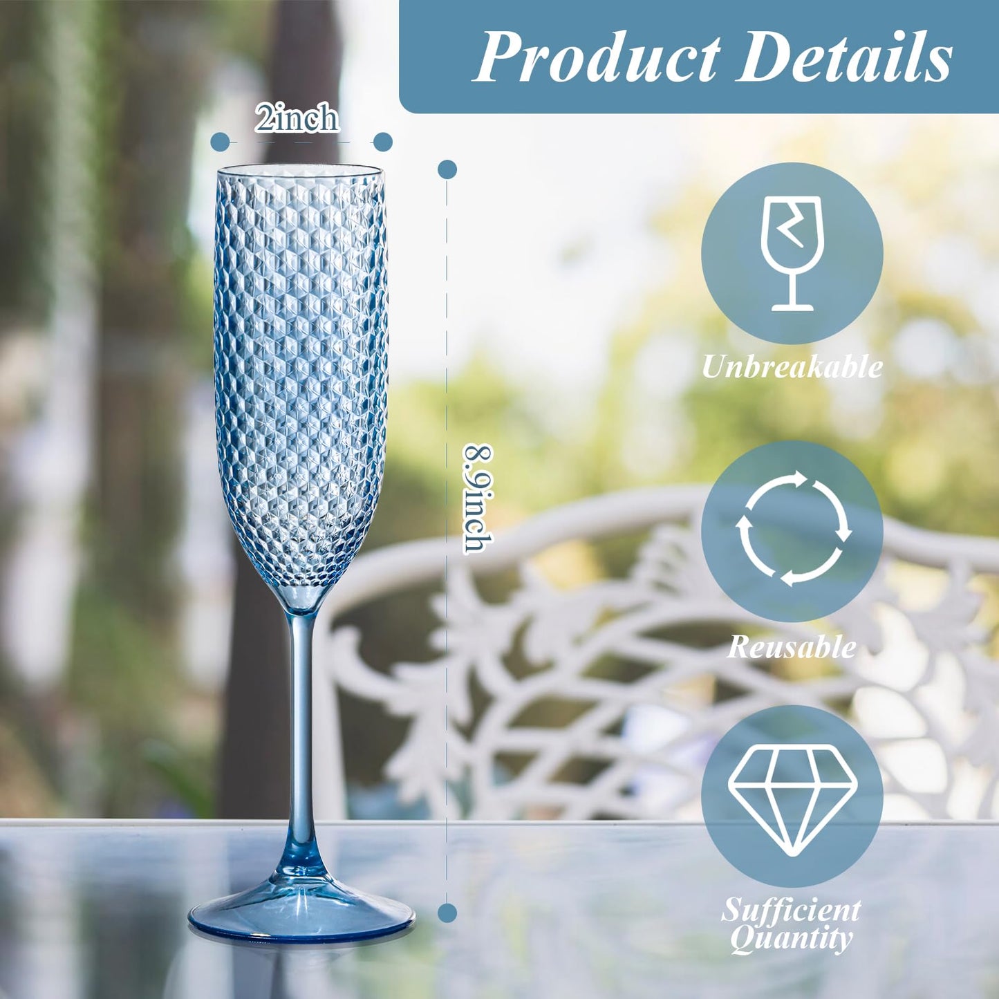 12 Pack Plastic Champagne Flutes Vintage Light Blue Goblet Champagne Glasses Unbreakable Wedding Toasting Glasses Diamond Wine Glasses Crystal Wine Cups Clear Drinking Glasses 5.5 OZ for Bridal Shower