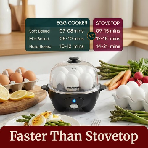 Elite Gourmet Rapid Egg Cooker - 7 Egg Capacity, Auto Shut-Off & Recipe Booklet | Black