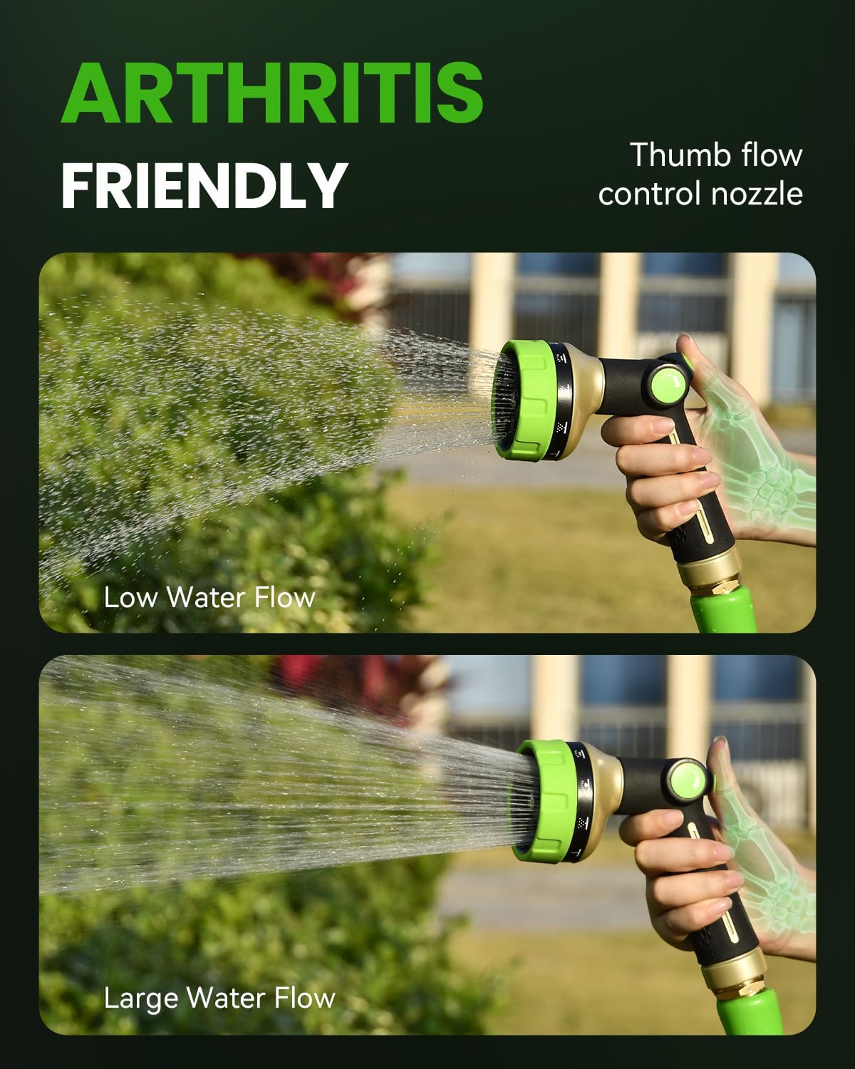 RAINPOINT Garden Hose Nozzle - Heavy Duty Metal Spray Nozzle with 10 Patterns for High Pressure Watering | Green