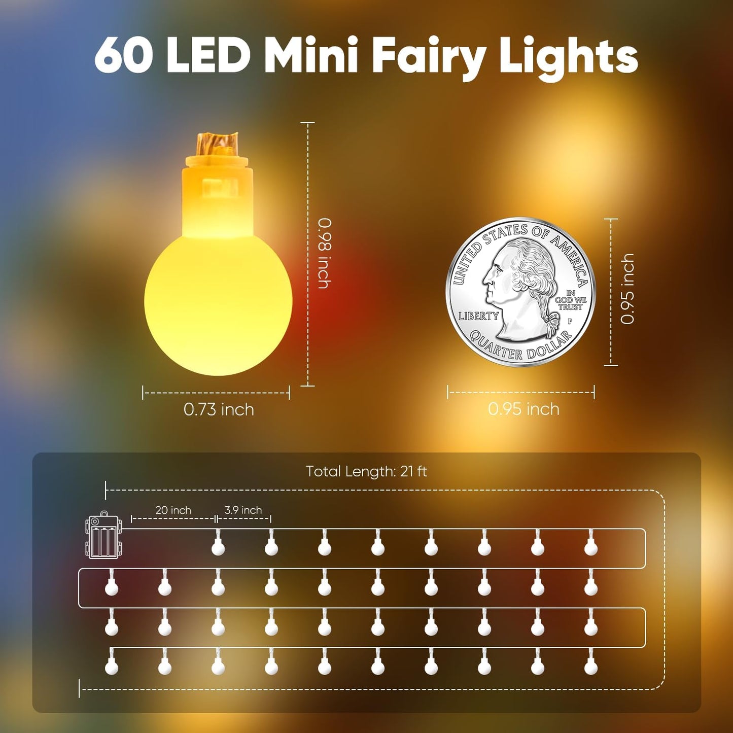 Minetom 21FT Battery Operated String Lights - 60 LED Waterproof Globe Fairy Lights with Remote | Warm White for Indoor & Outdoor Decor