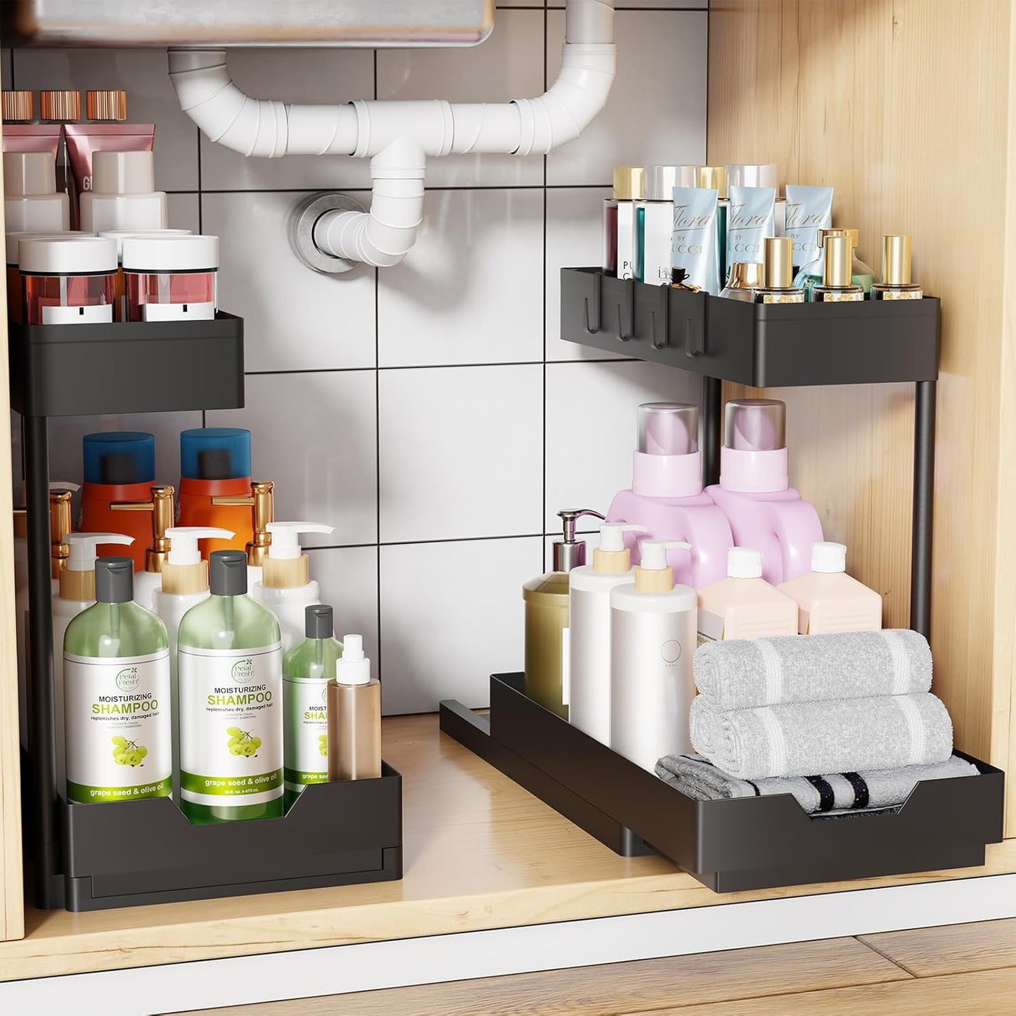 Simple Trending Under Sink Organizer - 2-Tier Sliding Storage Cabinet for Kitchen & Bathroom | Black