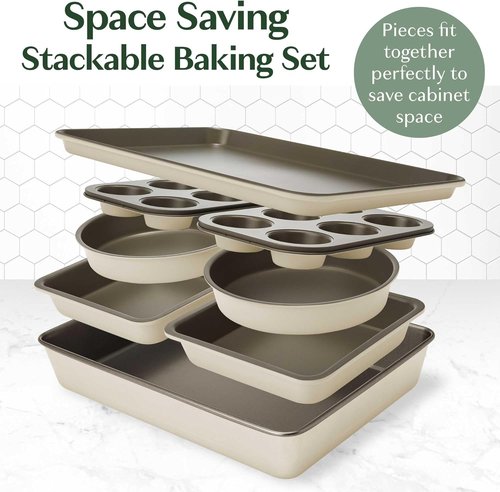 Goodful Nonstick Bakeware Set - 8-Piece Stackable Design with Round, Square Pans & More | Dishwasher Safe, Linen