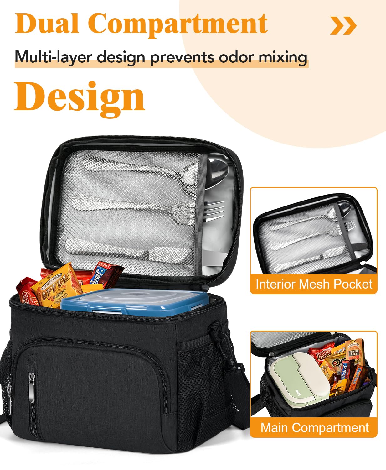 MIAOJIE Insulated Lunch Bag for Men & Women, 9L Leakproof Lunch Box Soft Cooler Tote with 5 Pockets, 600D Oxford, EVA Lining, Adjustable Strap for Work, Picnic, Beach&Travel-Black