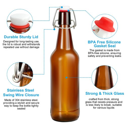 JOBVERT 2 Pack Amber Glass Beer Bottles, 16oz Swing Top Glass Bottles with Airtight Lid for Home Brewing,Kombucha, Vanilla Extract, Coquito, Vinegar, Beer