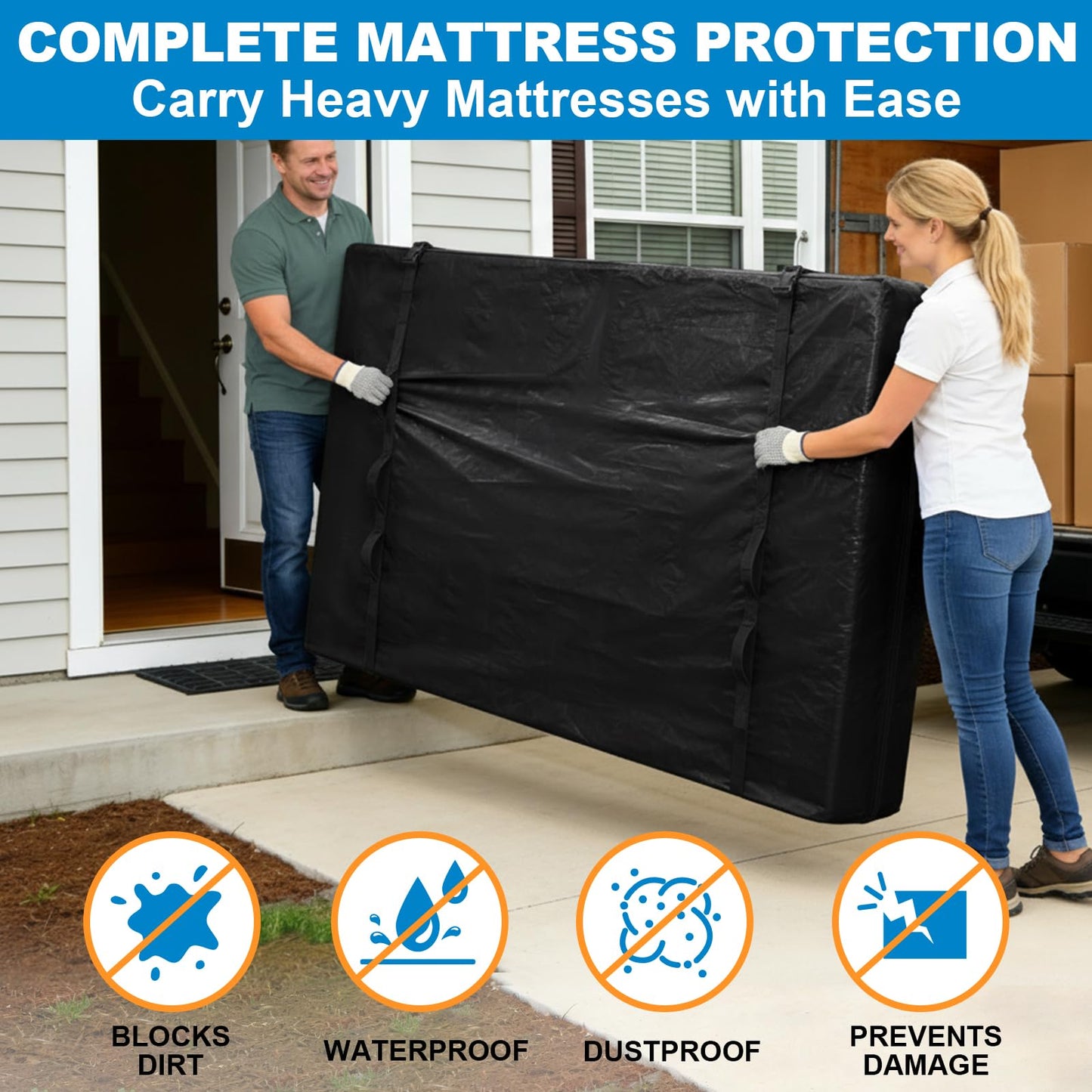 TICONN Mattress Bags for Moving, Heavy Duty King Mattress Cover Storage Bag with Full-Around Handle and Adjustable Buckles (Black, King)